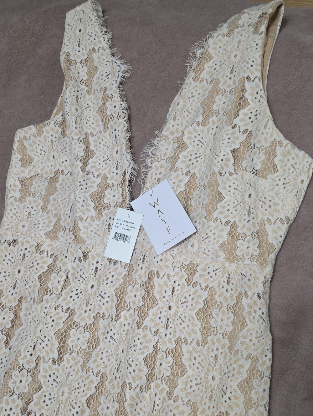 Wayf Beige and Cream Floral Lace Maxi Dress
